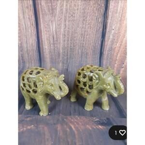 2 Vtg Soapstone "Mother Elephants w Babies" Inside